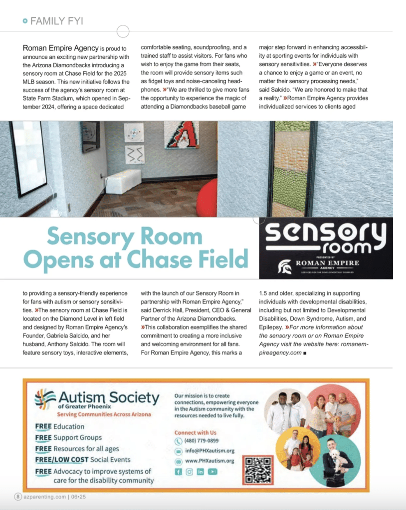 Arizona Parenting magazine feature announcing the sensory room at Chase Field, showing interior photos of the room and logos for Roman Empire Agency and the Autism Society of Greater Phoenix